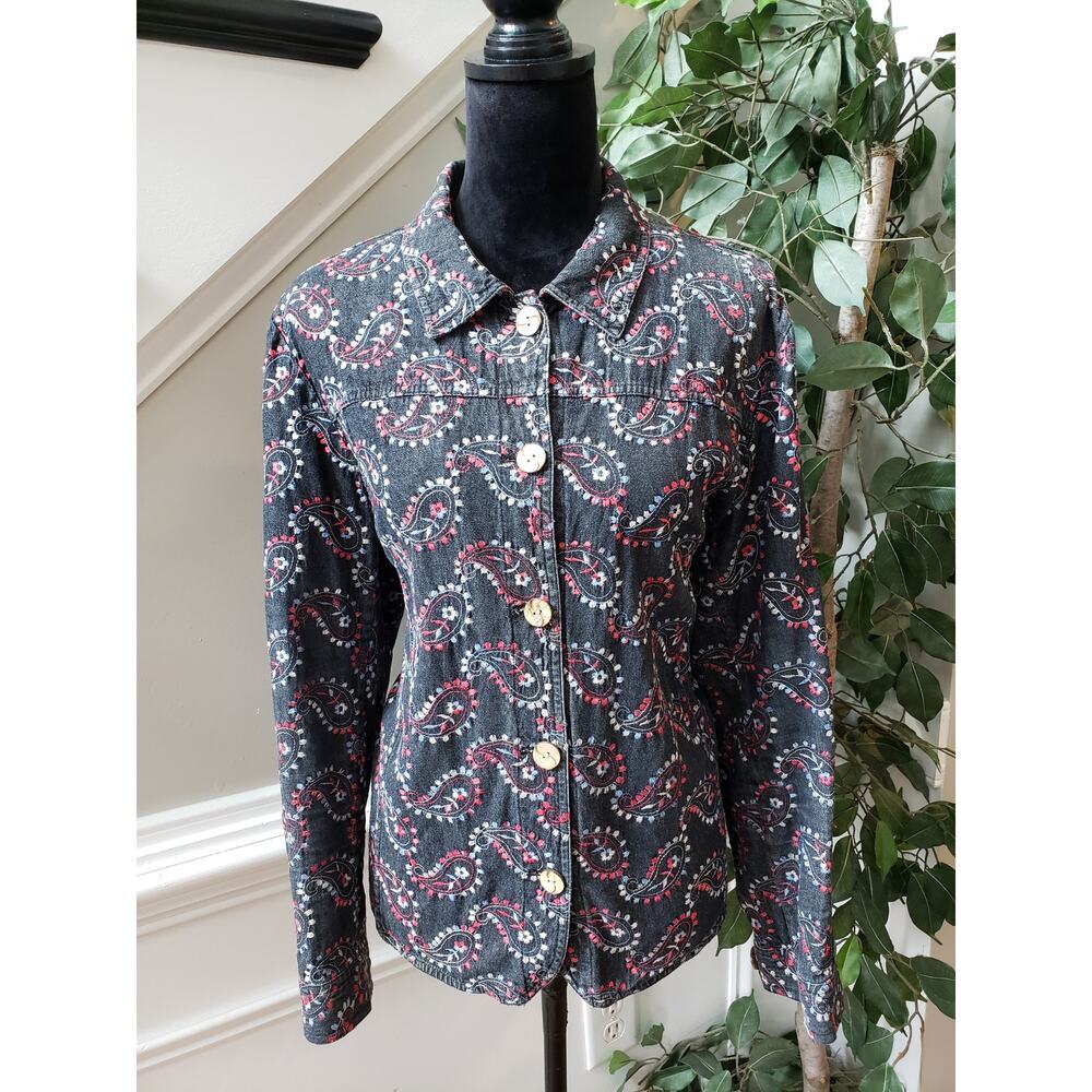 Coldwater‎ Creek Blazer Jacket Women's XL Gray Embroidered Paisley Button Front